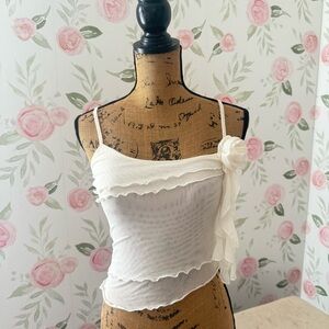 Ivory Sheer Cami With Rose & Ruffle Detail
